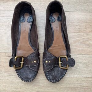 Chloé Dark Brown Leather Buckle Loafers